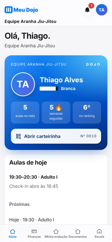App do aluno no Meu Dojo com carteirinha, aulas do dia e ranking da academia